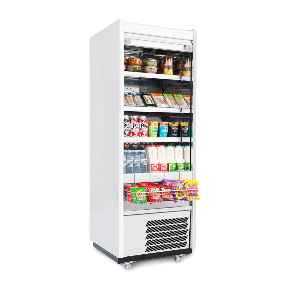 R70SCS - Refrigerated Multideck - Security Shutter - Snack Basket - Stocked - Side On