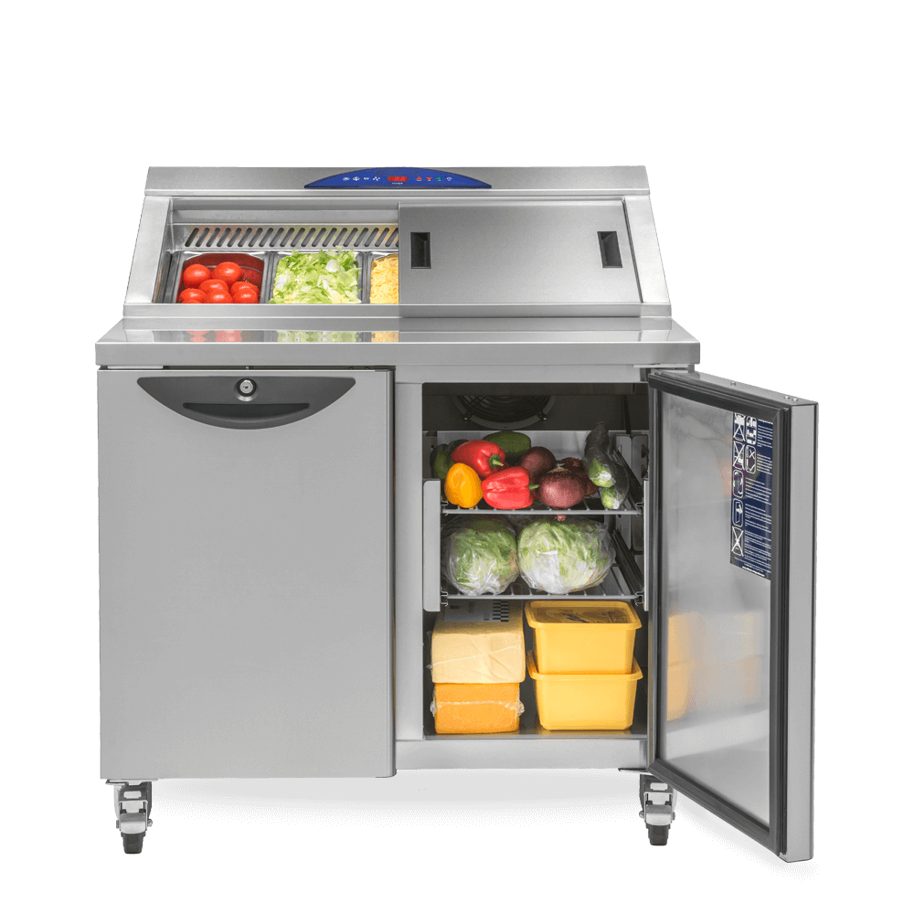 Onyx CPC2 Compact Refrigerated Prep Counter stocked with salad and open undercounter storage