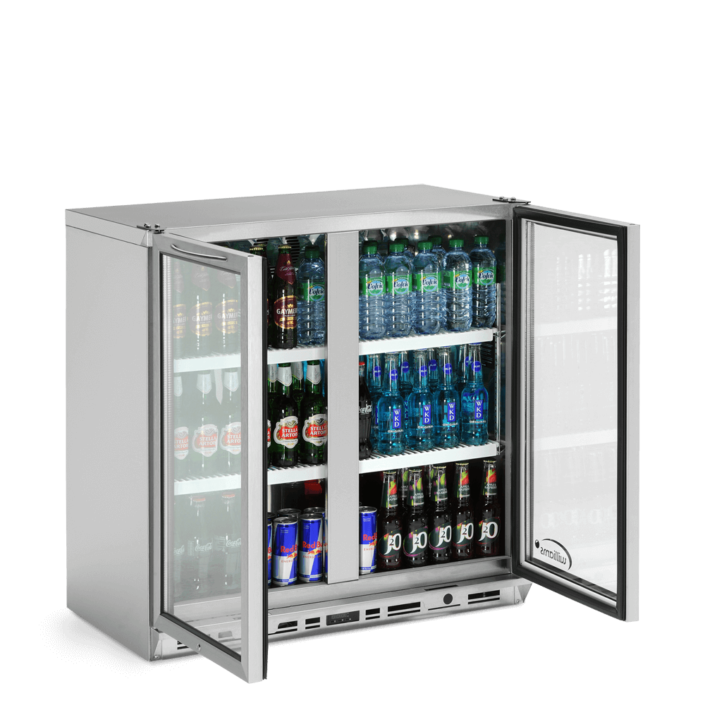 Two Door Bottle Cooler - Stocked - Side On - Both Doors Open