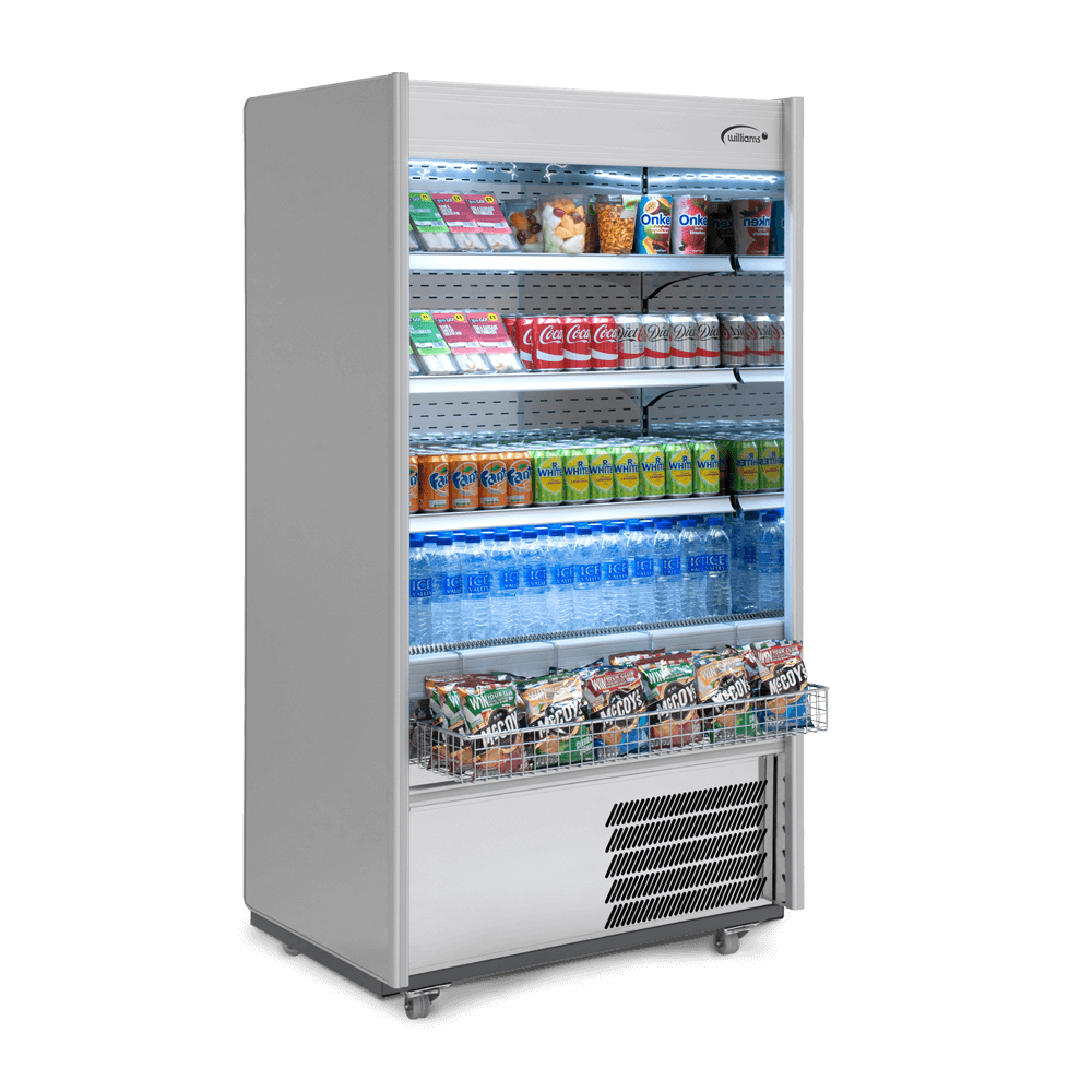 R100SCN - Refrigerated Multideck - Stocked - Lit - Snack Basket - Side On